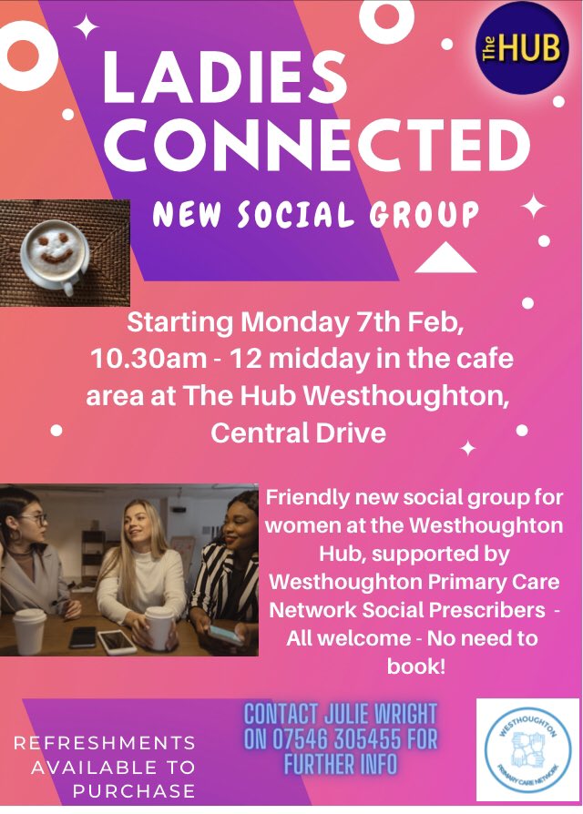 New Ladies Social Group, starting at The Hub on Central Drive, Monday 7th Feb, 10.30am-12midday
All welcome - come and have a brew and meet our Social Prescribers 🥰☕️ #SocialPrescribing #LadiesSocial #westhoughton