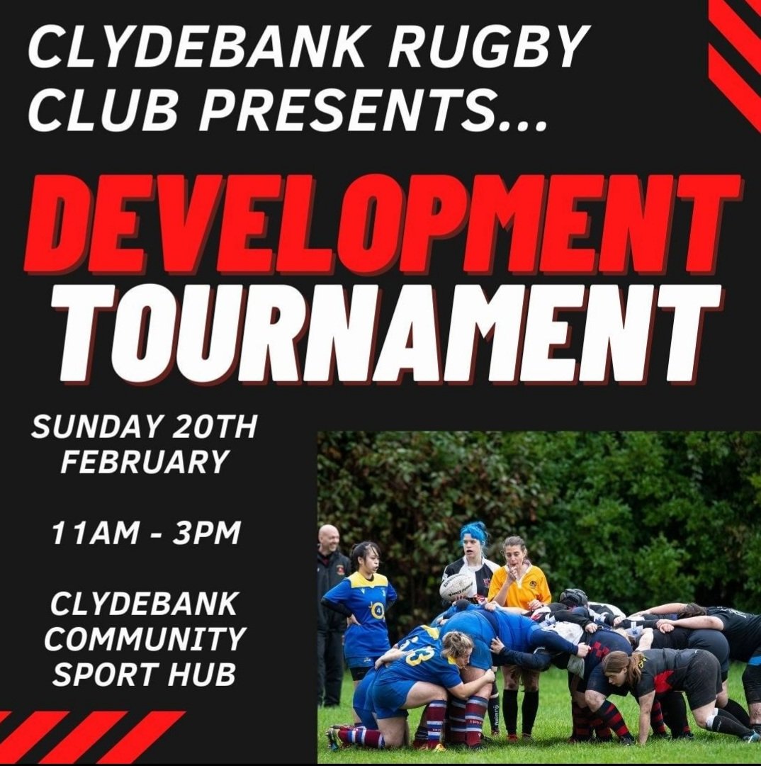 Clydebank Rugby Club proudly presents our...
DEVELOPMENT TOURNAMENT! 🏈

Then come along on Sunday 20th February from 11am to 3pm to Clydebank Community Sport Hub and get involved in our development tournament.

Email our Coach Ashly at ash_kean_10@hotmail.co.uk for info!❤