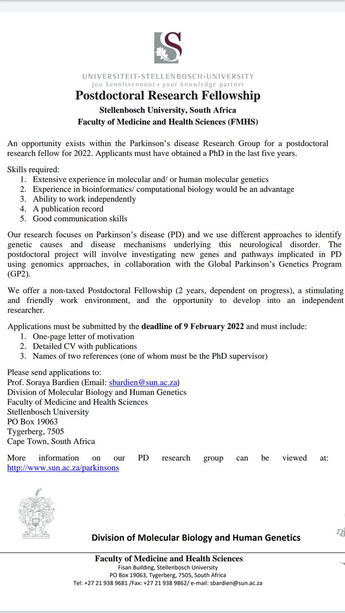 Exciting new opportunity, we have a postdoc position in our research group <a href="/SuMBHG/">Division of Molecular Biology and Human Genetics</a> <a href="/PDresearchSU/">Parkinson's Disease Research Group</a> <a href="/Maties_Careers/">Maties_Careers</a>