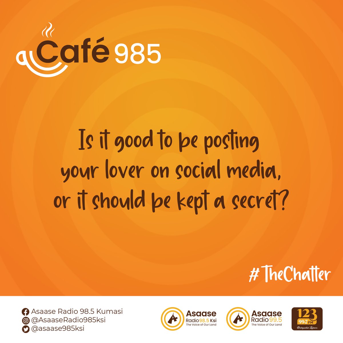 Asaase985ksi's tweet photo. Posti me! Posti me! 
Is it appropriate to post your lover on social media? 

Join Naa Klordey Fritzal Abban on #Café985 
#TheChatter https://t.co/2xfFhWc5F6