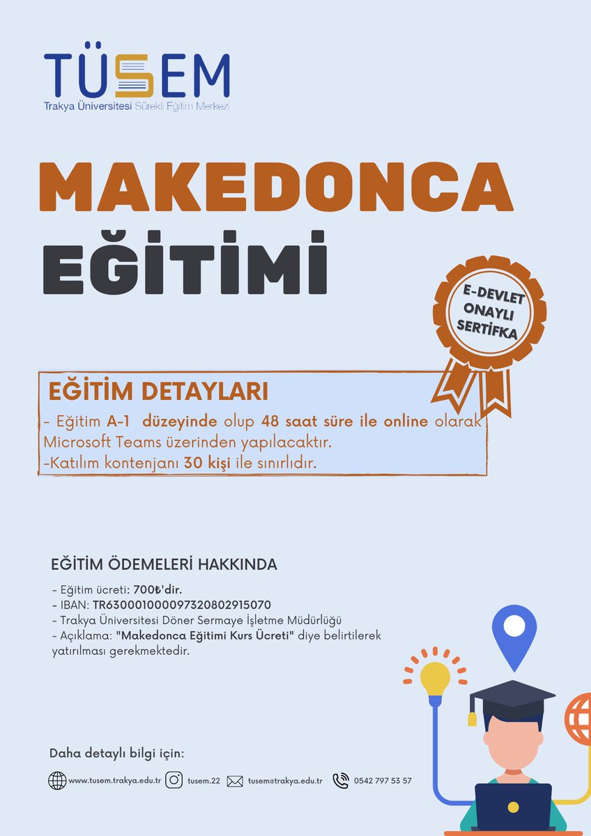 Trakya Üniversitesi Uzaktan Eğitim Merkezimiz, A1 düzeyinde profesyonel Makedonca kursu düzenlemektedir.
Makedoncayı öğrenmek isteyen herkesi kursumuza bekleriz...
Kursumuzla ilgili detaylı bilgiler aşağıdaki ilanda mevcuttur.
