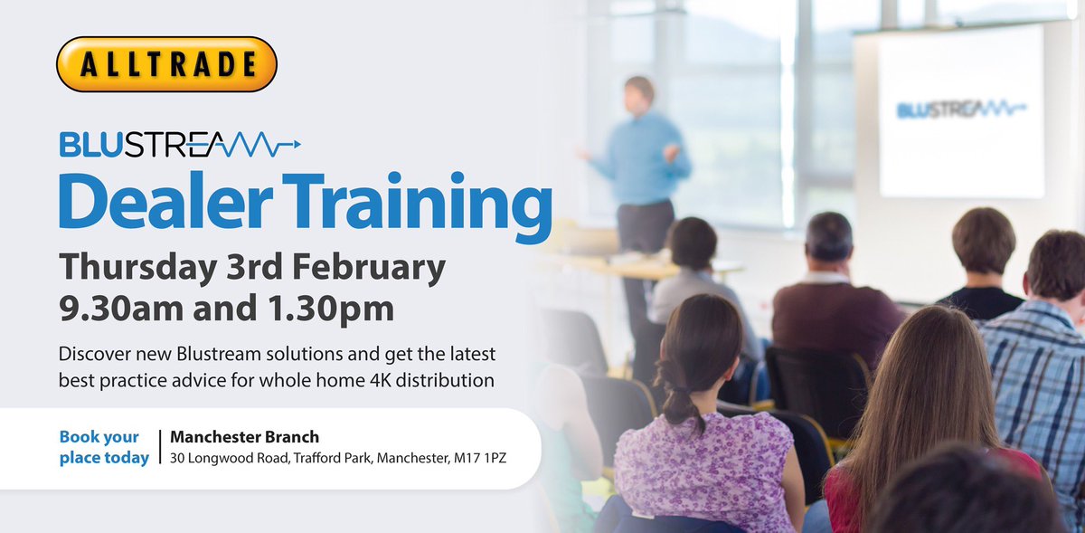 Blustream_HDBT's tweet photo. Great to see a return to in-person training! @Alltrade_LtdCI are hosting Blustream training next week at their new Manchester branch. Discover a host of new AV distribution solutions for 2022. @Install_Mag @EILiveShow @HDBaseT @SDVoE #Training #Innovation #4K #UHD https://t.co/qWIfuyCt5F