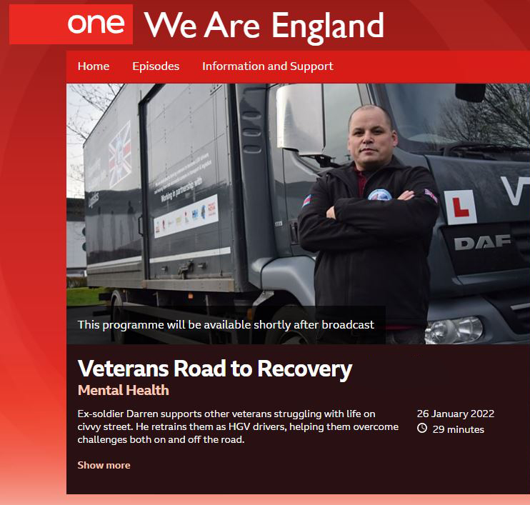 VeteransInto's tweet photo. BBC 1, 7:30PM, TONIGHT
WE ARE ENGLAND: VETERANS ROAD TO RECOVERY 

The BBC has made a documentary on Veterans into Logistics, following the journeys of two of our veterans whose lives changed when they were trained as LGV drivers and began new careers in Civvy Street. https://t.co/WgsqmgVIXv