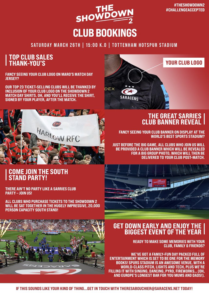 CLUBS, DON’T MISS THIS OPPORTUNITY - Your clubs chance to have their badge on the shirt of a Saracens player at the Tottenham Stadium for the THE SHOWDOWN 2
.
.
.
#theshowdown2 #challengeaccepted #sarries #sarriesrugby #saracens