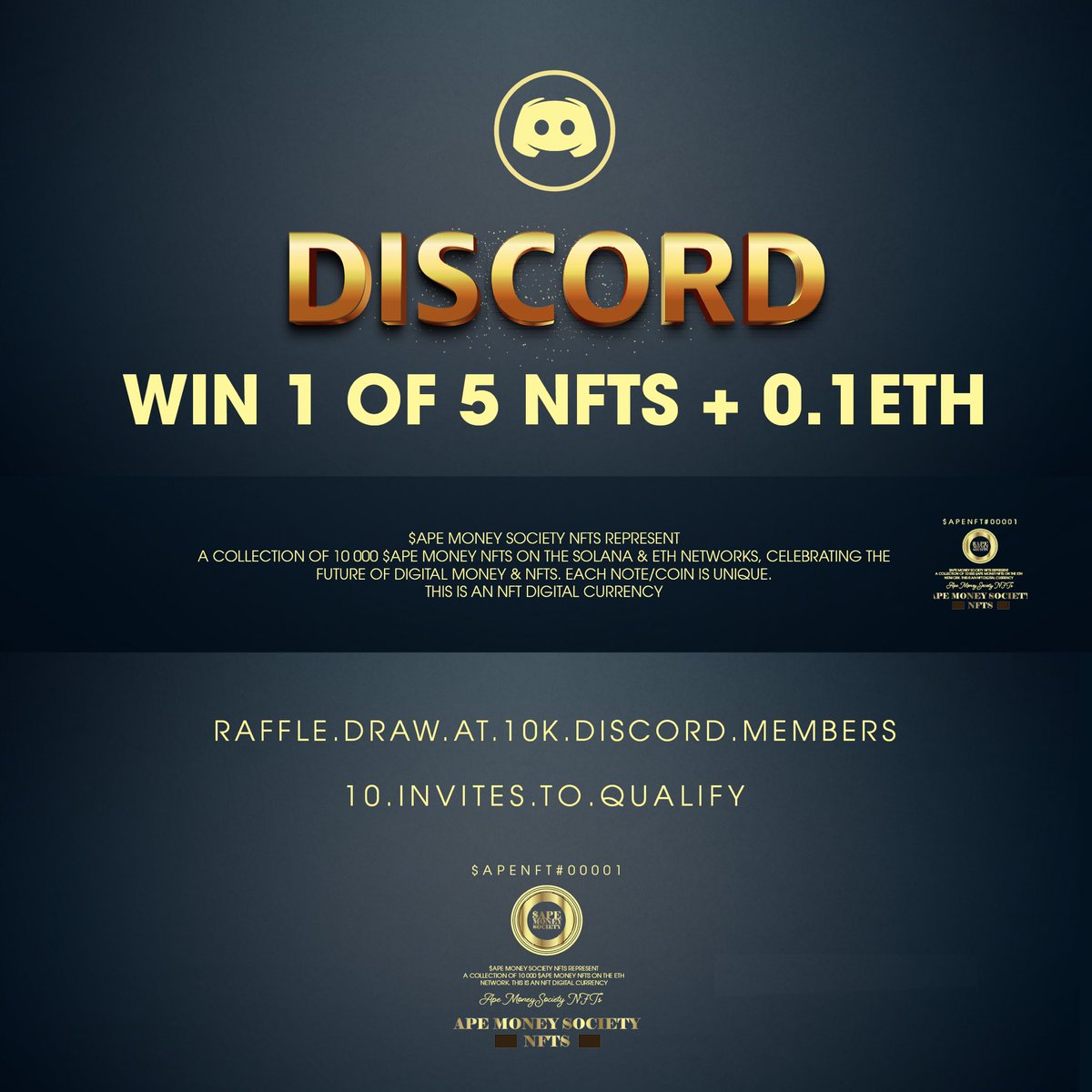 apemoneynfts's tweet photo. 💵 Ape Money Society NFTS Discord Giveaway!! 
1️⃣ Like this tweet 
2️⃣ RT + Tag 3 friends 
3️⃣ Join our Discord: https://t.co/OXt3vlvl9p
💵Raffle Draw at 10k Discord Members
💵Follow @apemoneynfts 
#Discord #NFTGiveaways #NFTCollector #NFTCommunity #NFT #NFTs #nftcollector #Bullish https://t.co/Jxis4CWN8i