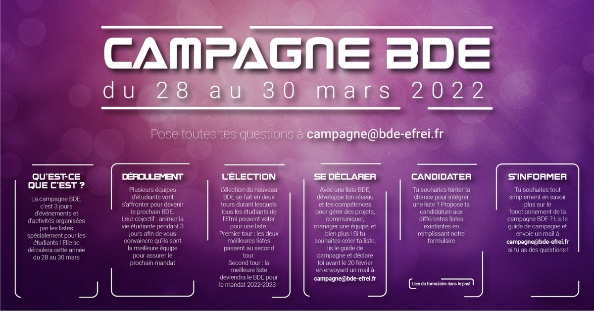 bdeefrei's tweet photo. La campagne BDE approche à grand pas ! 🗳️

Voila tout ce que tu dois savoir ⬇️ https://t.co/aAxO1AnsJh