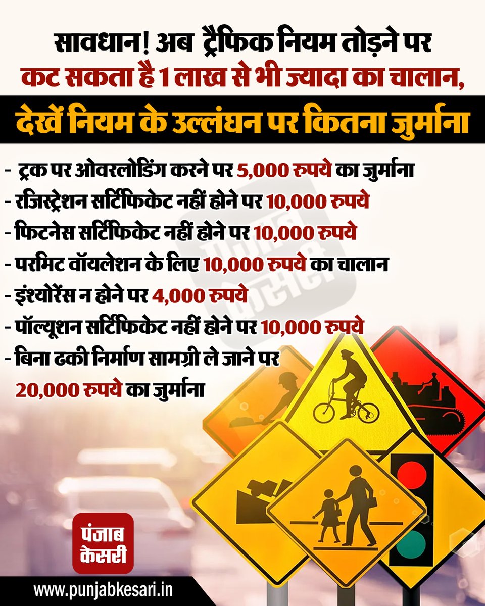 punjabkesari's tweet photo. सावधान! अब ट्रैफिक नियम तोड़ने पर कट सकता है 1 लाख से भी ज्यादा का चालान, देखें नियम के उल्लंघन पर कितना जुर्माना
#traficrules #registrationcertificate #fitnesscertificate #permitviolation #challan #pollutioncertificate #insourance https://t.co/18bsROHYdj