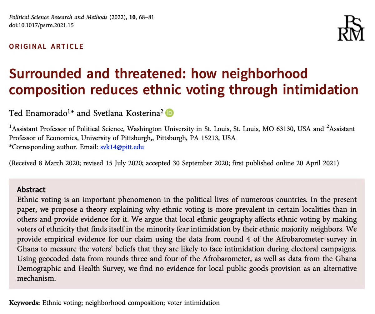 PSRMJournal's tweet photo. #Vol10Iss1 | #PSRM10 | Using data from the Afrobarometer survey, @TedEnamorado &amp; S.Kosterina (@PittTweet) investigate whether local ethnic geography affects ethnic voting by making the minority fear intimidation.

#FreeAccess until the end of February: https://t.co/Wkz2CrTPCM https://t.co/LkV8oqFhCf