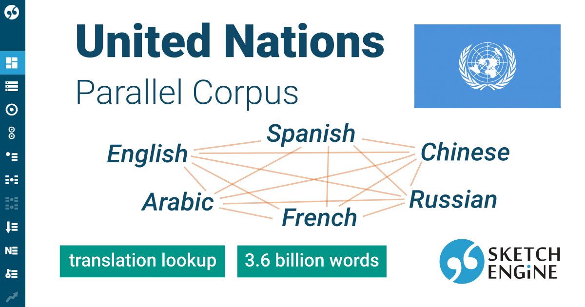 SketchEngine's tweet photo. We're introducing the new United Nations Parallel Corpus. It consists of the official records of the UN in 6 langs: Arabic, Chinese, English, French, Russian and Spanish. Available to both trial and paying subscribers.
#corpuslinguistics #parallelcorpus
https://t.co/6AJd39PfB8 https://t.co/nhnbUIlvjm