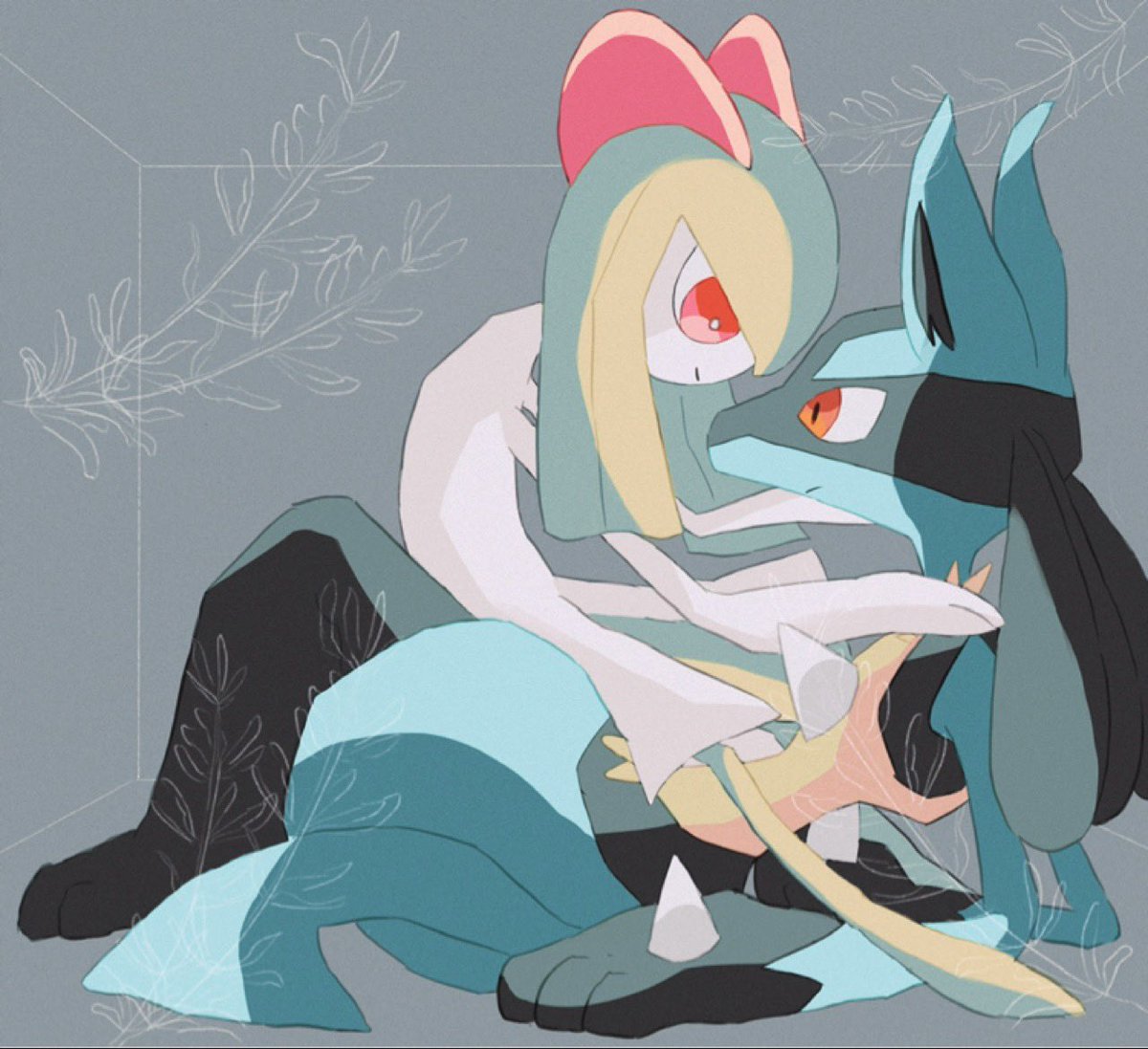 kirlia ,lucario pokemon (creature) eye contact smile wolf boy looking at another sitting spikes  illustration images