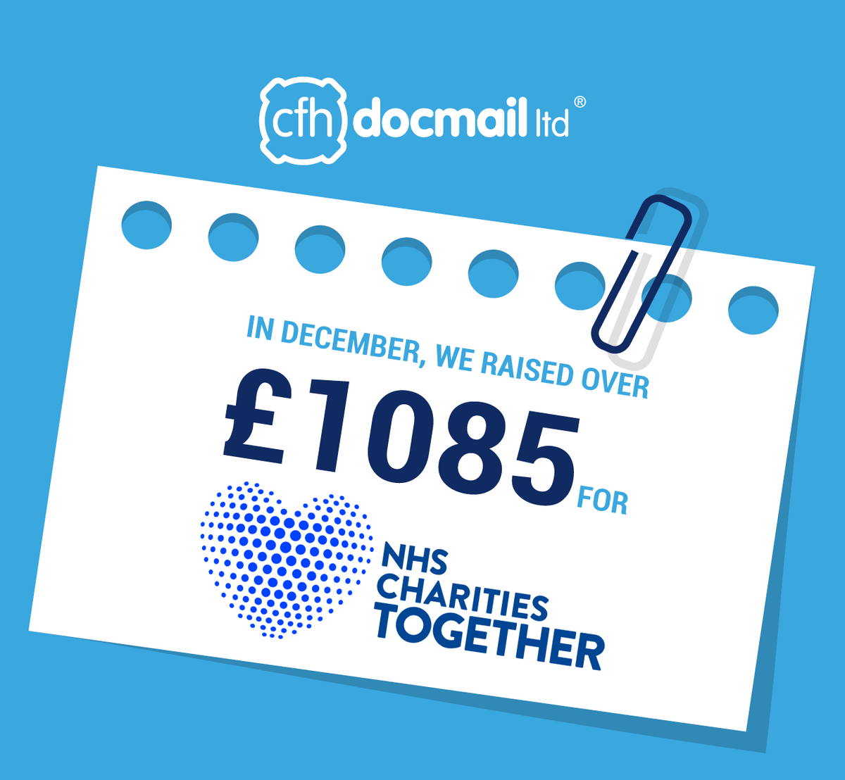 CFH_Docmail's tweet photo. In December, we decided that we would donate 10% of our total card sales to NHS Charities Together. We are pleased to announce that the amount we donated totaled to £1085 and has now been donated to this very worthy cause.
#charity #donation #CFHDocmail https://t.co/I7vZKCRZCt