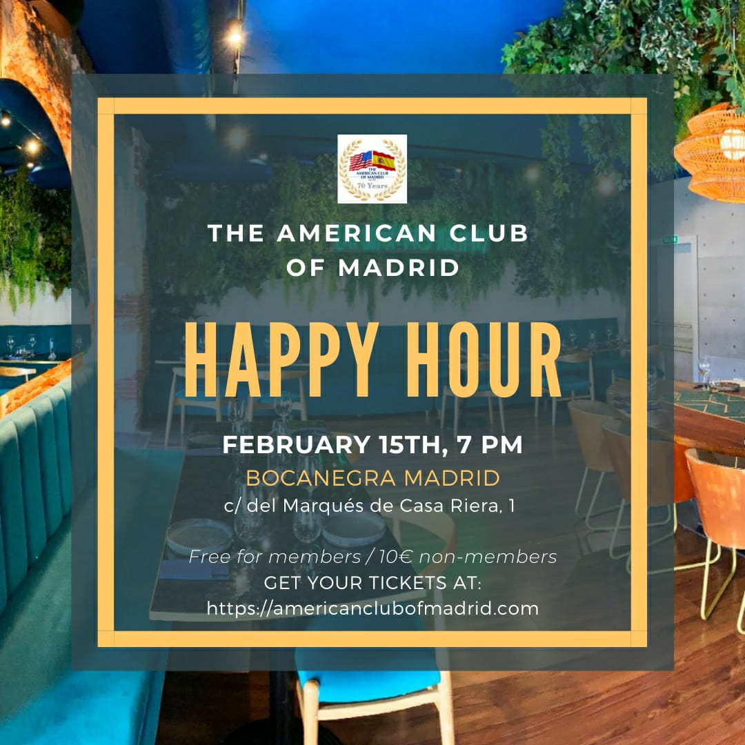 american_madrid's tweet photo. Come inaugurate this year's first happy hour networking event with the American Club of Madrid! Make new friends and connect with the most diverse professional crowd in Madrid! #Madrid #Madrid360 #networking #NetworkingWithProfessionals #Spain #Espana https://t.co/dcWJJ5P7Yr