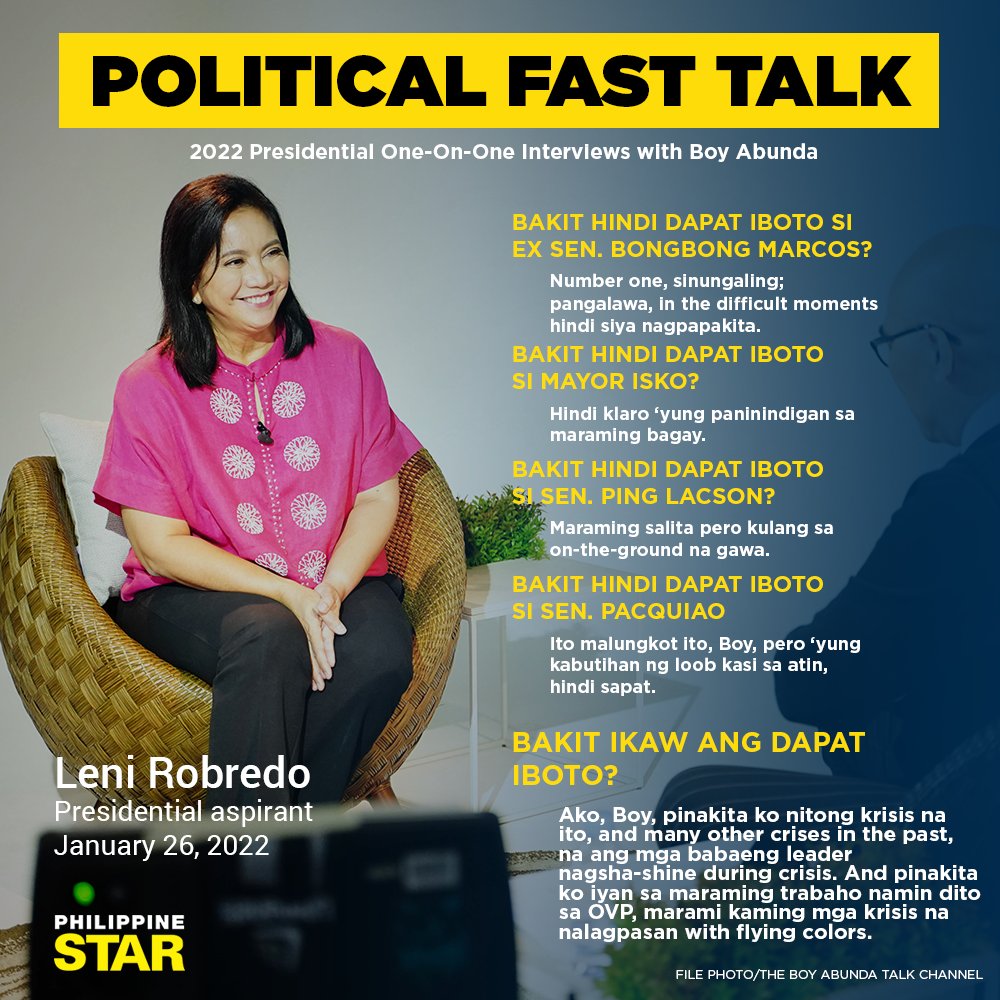 'MARAMI KAMING MGA KRISIS NA NALAGPASAN WITH FLYING COLORS' 

Presidential aspirant VP Leni Robredo urged the Filipino people to vote for her in the upcoming May elections because of her experience and capability to withstand crises. #BilangPilipino2022