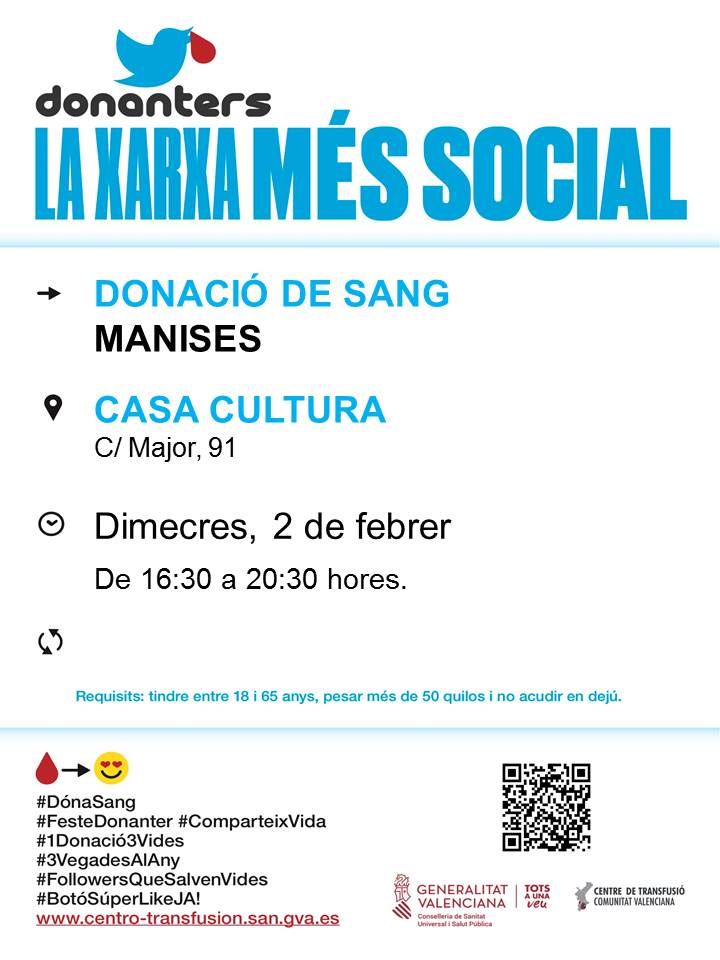 AytoManises's tweet photo. 📅 Demà tens una cita solidària a #Manises
❤ Dóna sang, dóna vida!
#DónaSang #FesteDonater #ComparteixVida #1Donació3vides https://t.co/Oe4VsfuOAs