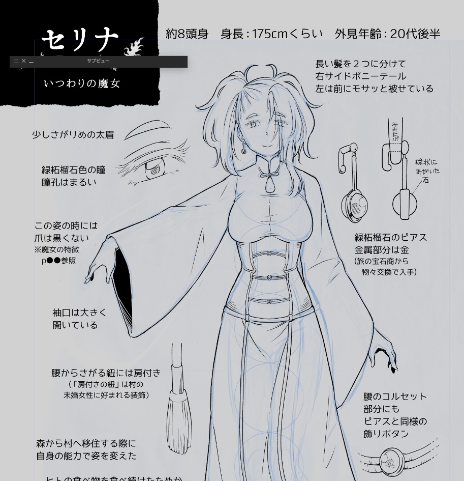 セリナさん(白)のページもだいたいできたよ!
いつもはチャチャッとテキトーに略して描いちゃうアレコレを、ちゃんと説明しようとすると難しいねえ…