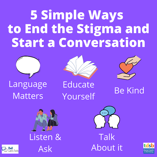 TDSB_MHWB's tweet photo. Did you know that there are 5 simple ways to help end the stigma that keeps so many who are struggling from getting the help they need? Learn more here:https://t.co/hnAXdU0iZp #MentalHealthMatters #BellLetsTalk https://t.co/SeaB08TocF