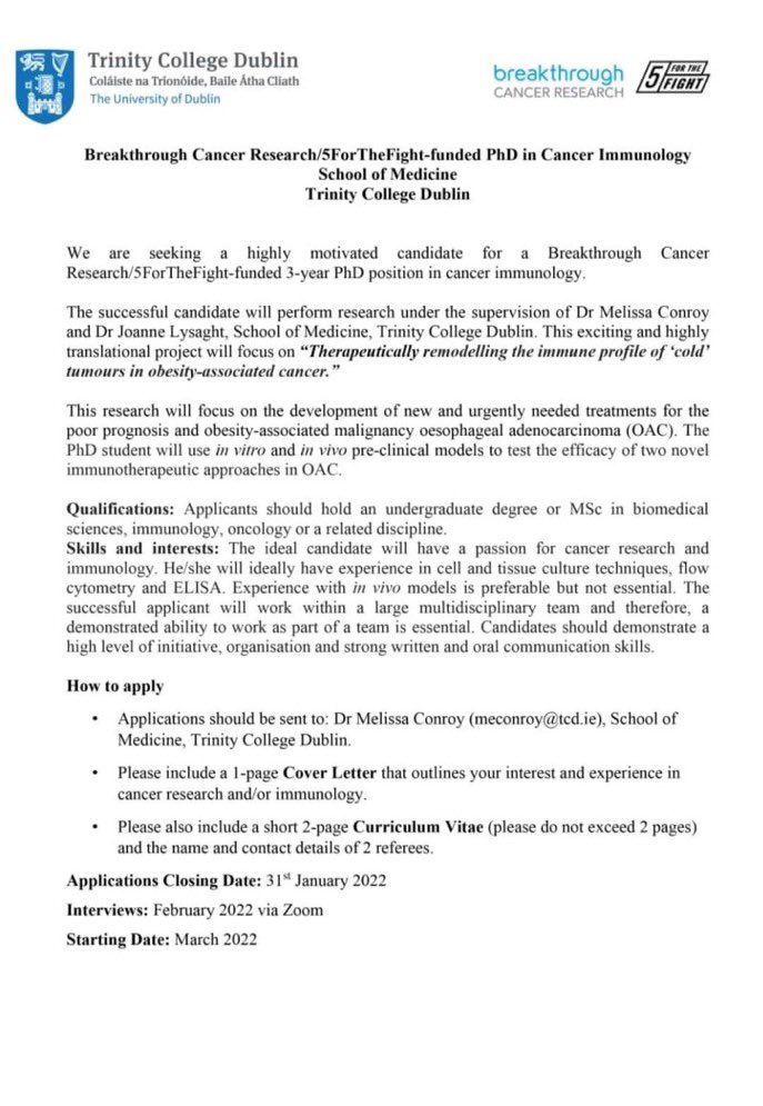 adewaleopeoluw4's tweet photo. Fully-funded PhD position in cancer immunology at The Trinity College Dublin,Ireland🇮🇪. 

This exciting research project will focus on the development of novel immunotherapeutic strategies for obesity-associated cancer.

Application  Deadline: 31st January 2022. https://t.co/7Z6slB86Na
