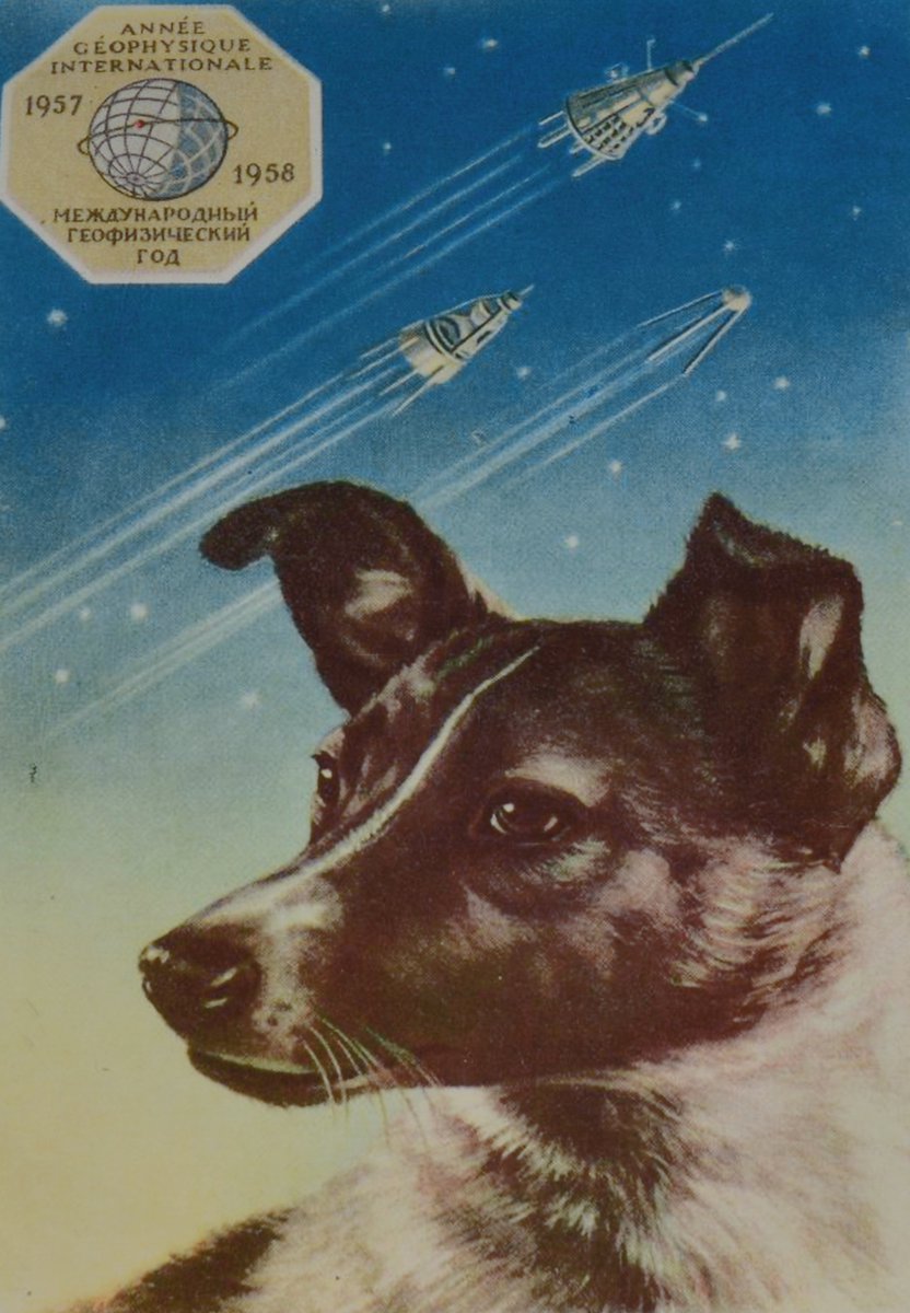 "Laika - the first traveler in space" Soviet postcard, 1958