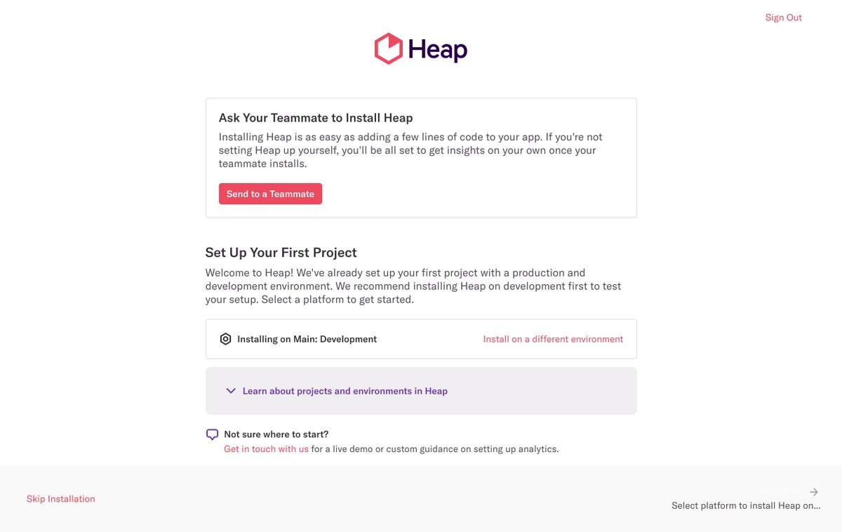 If your product requires code input, make it easy to send install instructions. 

Take <a href="/heap/">Heap | by Contentsquare</a>. When you start setting up your account, it cleverly asks you to invite a teammate to add the necessary few lines of code.
