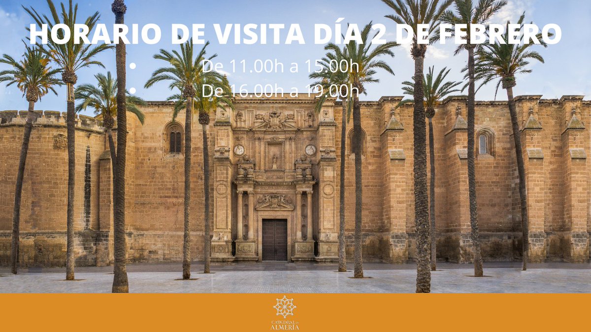Si estas pensando en visitar la #Catedral de la Encarnación de #Almería el día 2 de Febrero  este será nuestro horario. Estaremos encantados de recibirte.
#visitacultural #catedraldealmeria
catedralalmeria.com/horarios-y-tar…
