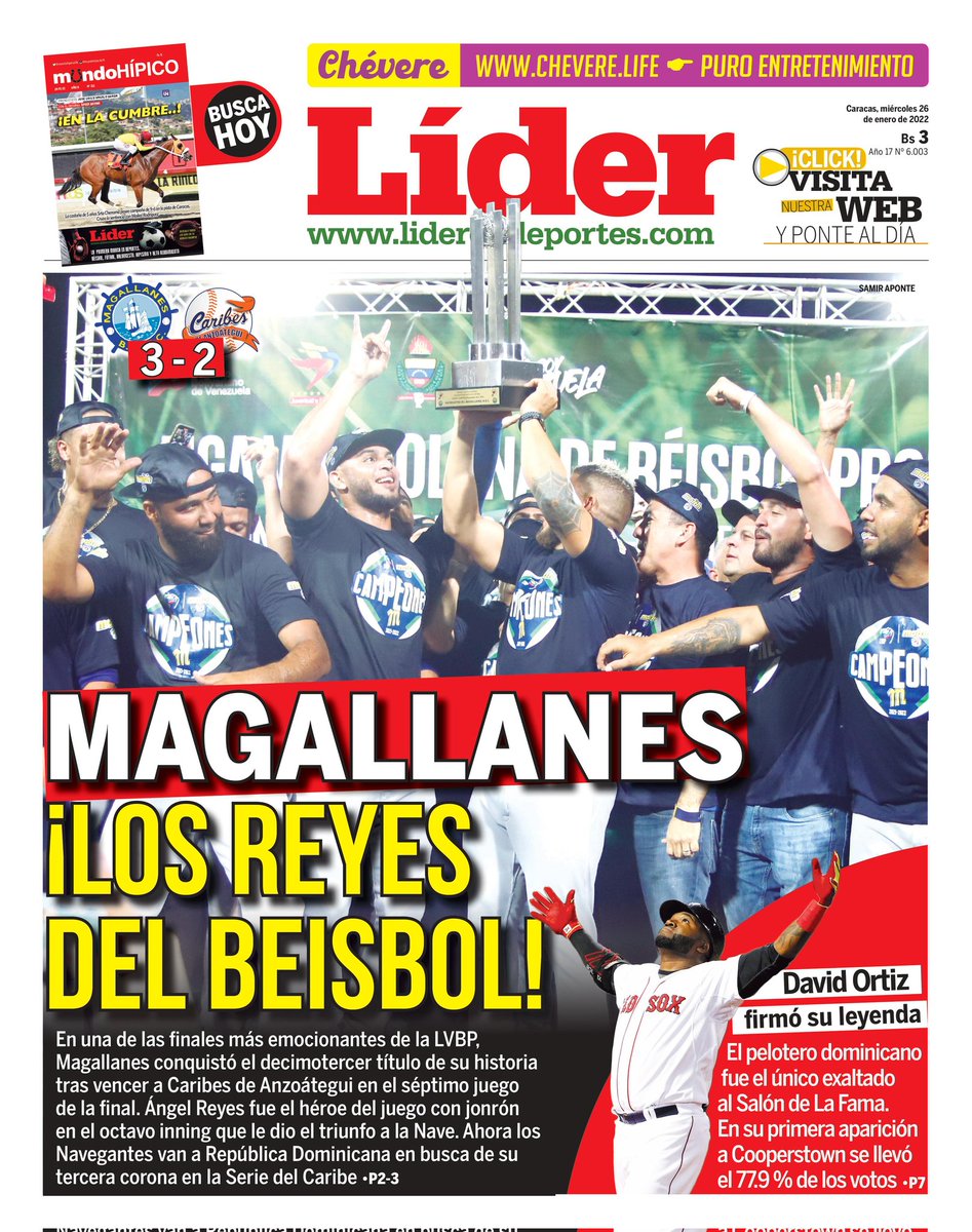 GeorgenyPerez's tweet photo. Buenos días mi gente.

Portada Meridiano: "MAGALLANES ES EL MONARCA".

Portada Líder: "Magallanes ¡LOS REYES DEL BÉISBOL¡.". https://t.co/xkzcQutyX6