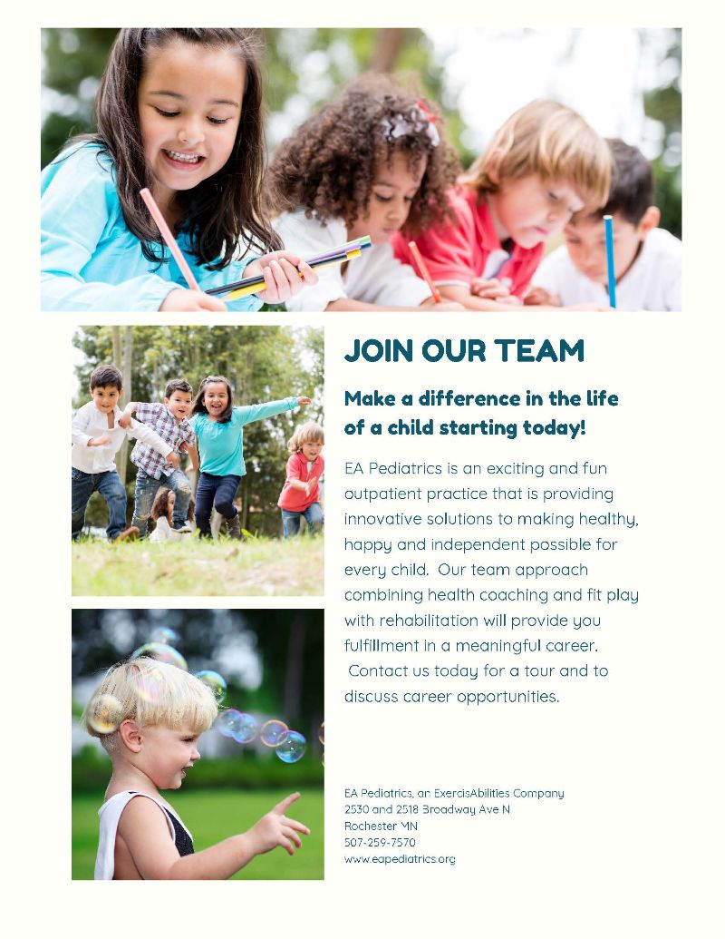 Exercisabilitie's tweet photo. Growing and Hiring at EA Pediatrics!  Join Us! - https://t.co/Q9NFIjaAg4 https://t.co/f3CQTmTvjA