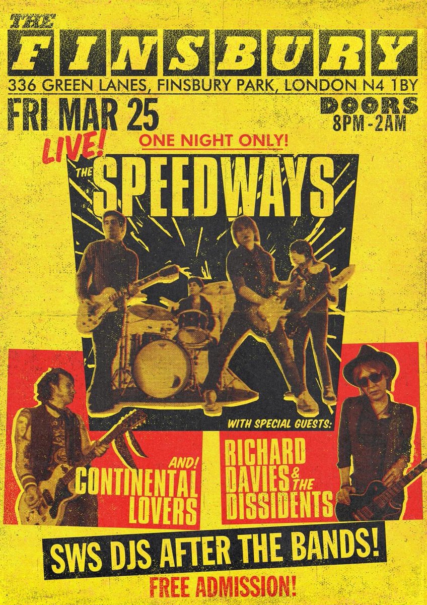Look at this for a line up! The Speedways, Richard Davies and Continental Lovers. Live at Finsbury. Free entry!! See you in March xx @ViveLeRock1 #PowerPop #TrashRock