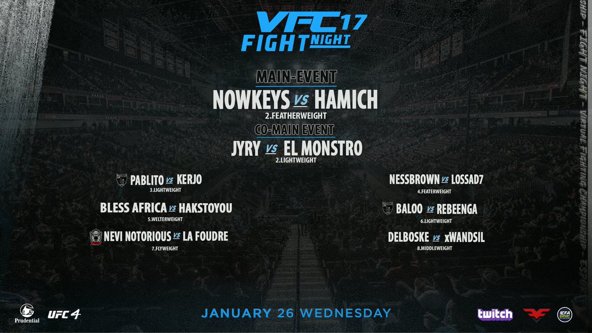 🔵 #VFC FIGHT NIGHT 1⃣7⃣ <a href="/eSportFA_FR/">ESPORT FOR ASSOCIATIONS</a>
Road to maincard ↗️ Ce soir sur twitch 📢

🥊 VFC French esport league ! 
🛑 8 prelims Fight 
🕘🇫🇷 9pm cet | 🕒🇨🇦 3pm est 

[#UFC4 #esportfa22 | ▶️ LIVE twitch.tv/assofurylan]