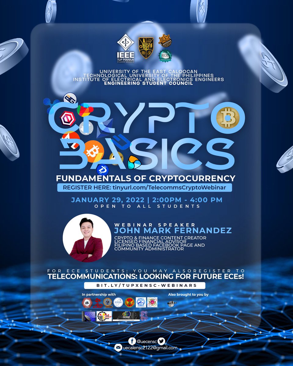 UECENSC's tweet photo. Crypto Basics: Fundamentals of Cryptocurrency X Telecommunications: Looking for Future ECEs 📈🧡

Join us and register now by clicking https://t.co/2u1RrRywAP 

#ENSC2122 #PadayonENConnect https://t.co/DaNAu6llp3