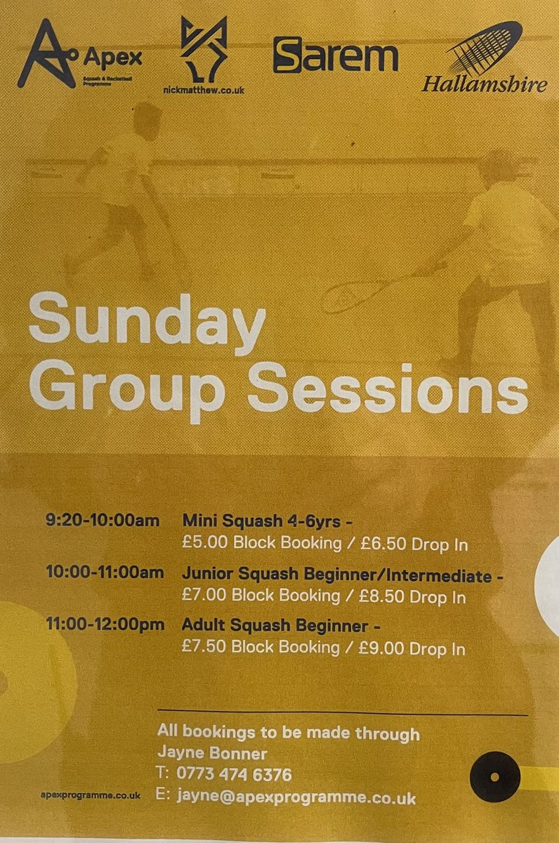 Hallamshire's tweet photo. Who’s free on a Sunday? 🙋✅

Try these 3 new sessions by @apexSquashRball 🚨

@YorkshireSquash @englandsr https://t.co/huK9WIkRHu