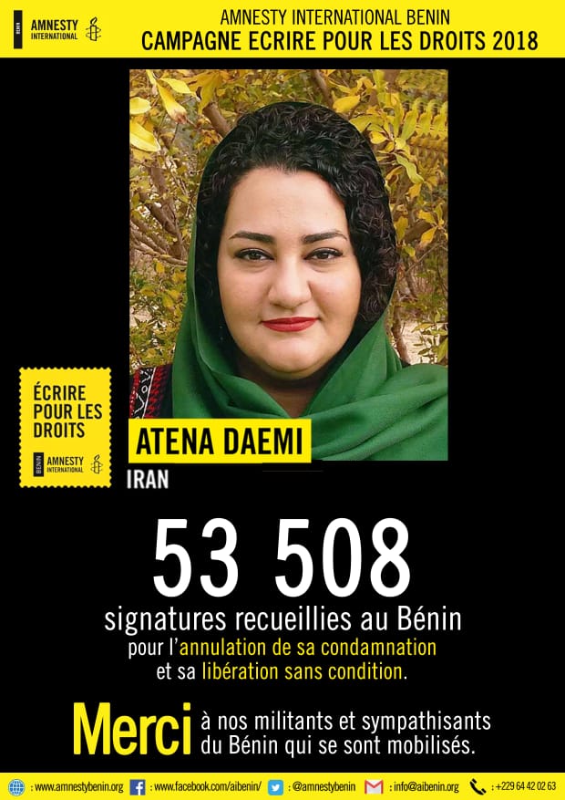53.508 signatures avaient été recoltées au Benin pour la soutenir  et réclamer sa libération sans conditions à l'occasion de la campagne ''Ecrire pour les droits'' en 2018.

Merci pour la mobilisation✊🏾