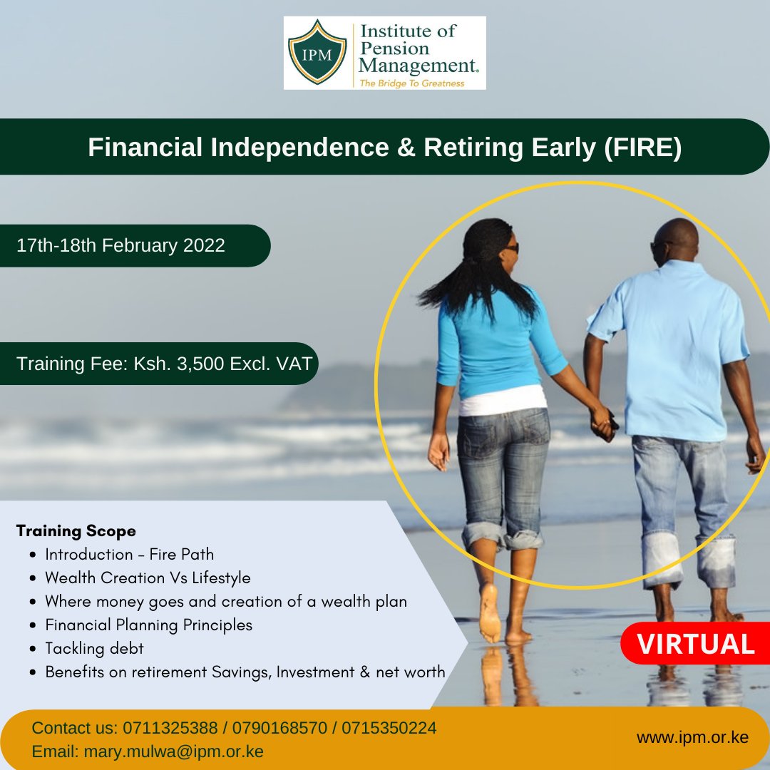 IPMKenya's tweet photo. Financial Independence, Retire Early (FIRE) is a movement of people devoted to a program of extreme savings and investment that aims to allow them to retire far earlier than traditional budgets and retirement plans would permit.
#financialindependance #retiringearly https://t.co/naclM24fdR