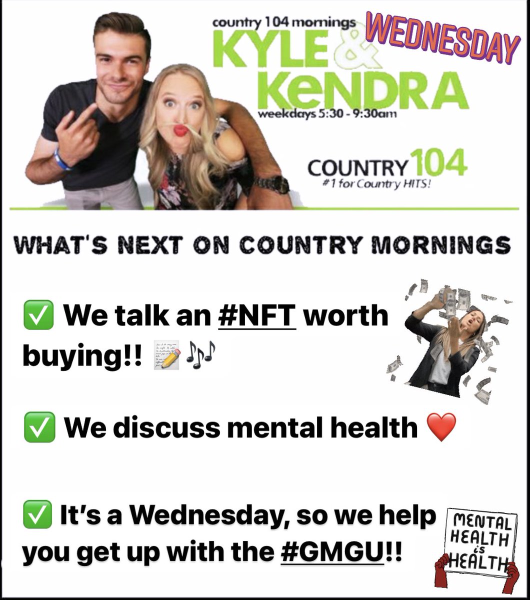 Country104's tweet photo. ~ Mental Health, #GoodMorningGetUp and #NFTS cover todays show!!
#Country104 #Mornings
@MooreKendy & @kylegrimard
Listen: https://t.co/TDyYcg3ood https://t.co/3WFzDGfnWy