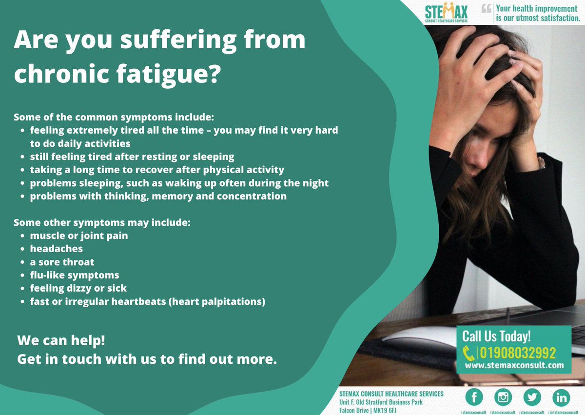 stemaxconsult's tweet photo. Are you suffering from chronic fatigue? We can help. Get in touch with us to find out more. 

#chronicfatigue #tired #healthylifestyle #healthandwellbeing #treatment #doctor #medical #miltonkeynes #feelbetter #takecareofyourself #stemaxconsult https://t.co/wKo7HrenkU