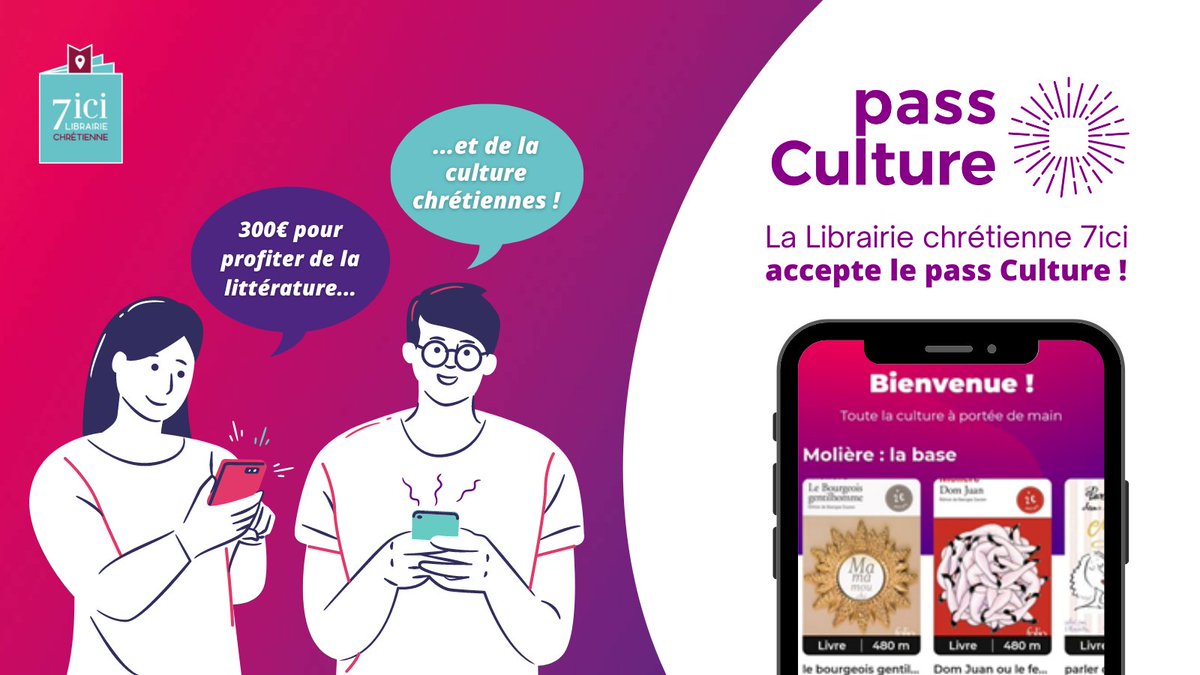 Grande nouvelle : la Librairie 7ici accepte le #PassCulture 🥳 Venez profiter de centaines de références de la littérature et de la culture chrétiennes !