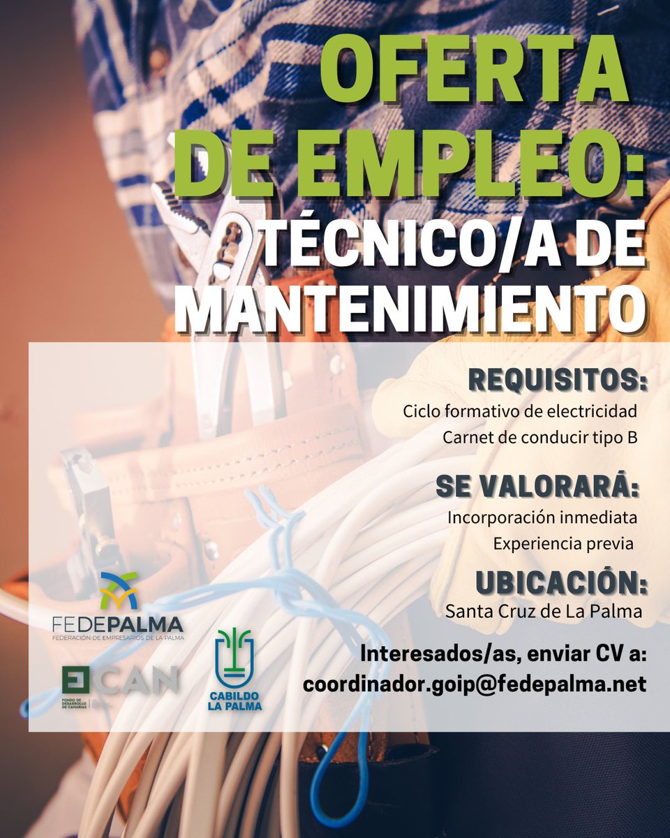 📢 OFERTA DE #EMPLEO 📢 para Técnico/a de Mantenimiento.
Interesados/as enviar CV a 📧 coordinador.goip@fedepalma.net
Consulta en la imagen todos los requisitos 👇👇

<a href="/SCEmpleo/">SCE Gobcan</a>
