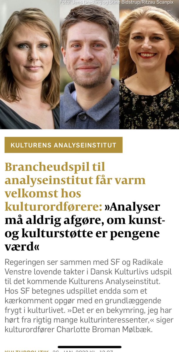 Mitchelllkkkirb's tweet photo. Hvor er det optur!

@SandKjaer, @charlottebroman og @zeniastampe tager positivt imod Dansk Kulturlivs politiske udspil om etableringen af Kulturens Analyseinstitut - til gavn for publikum!

Læs deres reaktioner her: https://t.co/vwJtH76ZRm

#dkkultur #dkpol https://t.co/FKZXnhFGpD