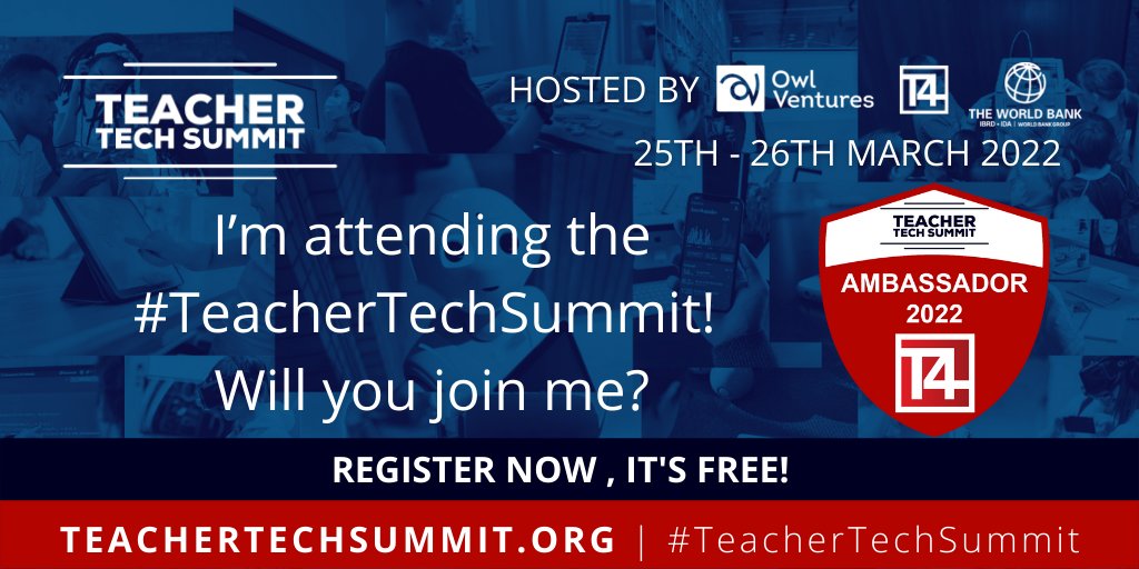 I’m a <a href="/T4EduC/">T4 Education</a> Ambassador for the #TeacherTechSummit!
Will you join me for the event? 

Friday 25th and Saturday 26th March  12pm-3pm GMT  

Register free: teachertechsummit.org

#T4Ambassador #TeacherTechSummit