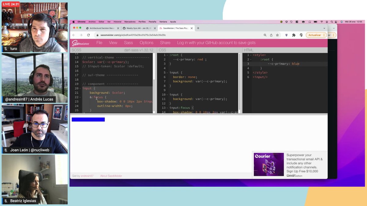 Live coding en la sesión semanal de la SUI Sync para explicar algunos de los problemas que tenemos con la arquitectura de CSS en Sass

📺 twitch.tv/adevintaspaint…

#SIUComponents #SUI #opensource