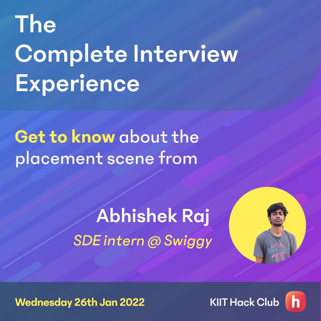 kiithackclub's tweet photo. Our first episode of 'The Complete Interview Experience', where we talked to @abhishekraj272 who is a 2022 pass out from KIIT University, Bhubaneswar,  currently working as a SDE Intern @swiggy_in, is now live. 
Go check it out : https://t.co/vAB8IRNSgo https://t.co/q3kVrQ1fw0