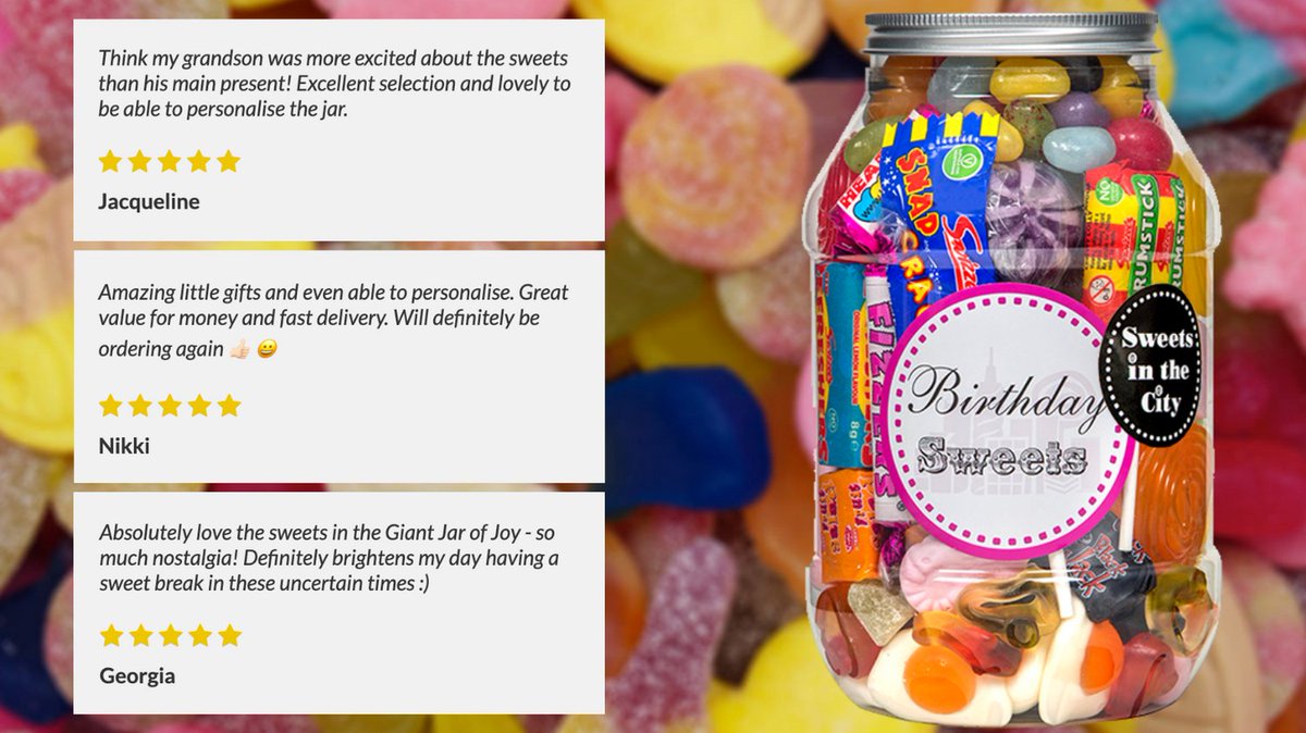 Thank you to Jacqueline, Nikki, and Georgia for taking the time to tell us how happy they are.

Let us know how you feel about us, maybe you'll make it onto an instagram post 😉

Shop our Birthday Sweets Jars bit.ly/3Ioviua

#sweets #dessert #food #foodie #candy #sweet