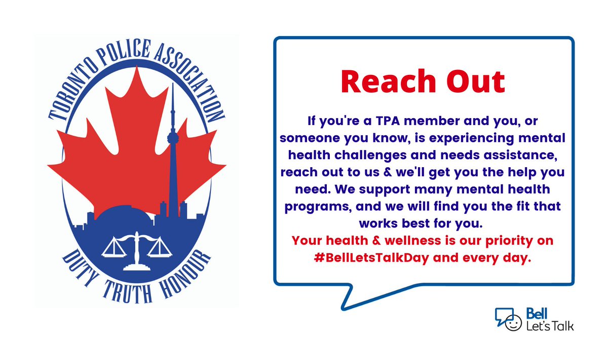 TPAca's tweet photo. Now more than ever, mental health matters. COVID-19 impacts our @TorontoPolice members' lives, including lack of contact with family &amp; friends &amp; the stress &amp; health concerns that go with serving &amp; protecting our city 24/7 in a pandemic. Reach out. We're here for you #BellLetsTalk https://t.co/euM2hJRowm