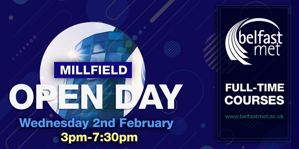 bfastmet's tweet photo. Make Belfast Met your first choice! Register to attend our upcoming Millfield Campus Open Day to find out all you need to know about joining Belfast Met!
Book your place now ➡️ https://t.co/u4us8Rg89Z
#MakeItAtTheMet | #MakeUsYourFirstChoice https://t.co/CDR8gjHppw