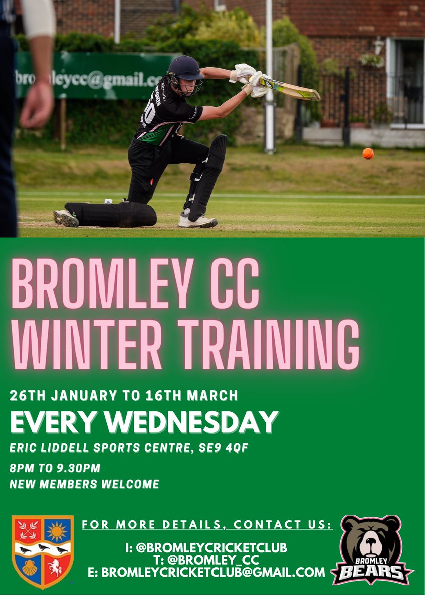BromleySClub's tweet photo. The hard work starts now🏏 Our Senior Winter training starts tonight, extending until mid-March. We welcome new players (all abilities). Nets take place at Eric Liddell Sports Centre every Wednesday from 8pm. Come join us! DM us for more details https://t.co/GBfLRdDyE5