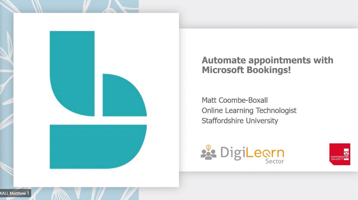 Just about to watch/listen to my colleague @mcoombeboxall of @StaffsUni @StaffsUniJSS give his talk on 'Automate appointments with Microsoft Bookings!' to @UClanCCL #DigiLearnSector