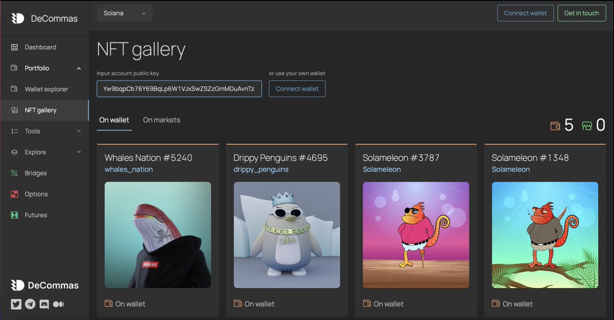 decommas's tweet photo. Are you an NFT collector?🖼️

Analyze and track data on #NFT collections stored in your wallet directly from the #DeCommas NFT gallery https://t.co/4QPtUbFY7U

Find NFTs there from the largest marketplaces in the #Solana network, such as @SolanartNFT and @SolSeaNFT https://t.co/Qjry1MjGdX