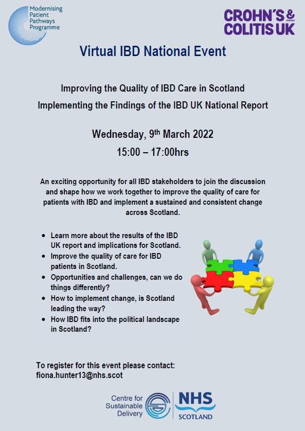 Virtual Inflammatory Bowel Disease Event - 9 Mar 2022 15:00-17:00. Please see the attached poster for more detail. #IBDPathwayScotland <a href="/NHSScotCfSD/">Centre for Sustainable Delivery</a>