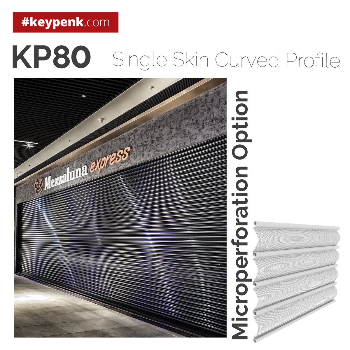 Keypenk's tweet photo. Microperforation on curved design KP80 profiles which provides ventilation &amp; visibility together is possible. Microperforated profiles is produced with 4.0mm diameter of holes on 0.8mm or 1.0mm thick profiles withapproximately 25% of air passage.
#rollershutters #keypenk #kepenk https://t.co/dDJ6vlLFwX