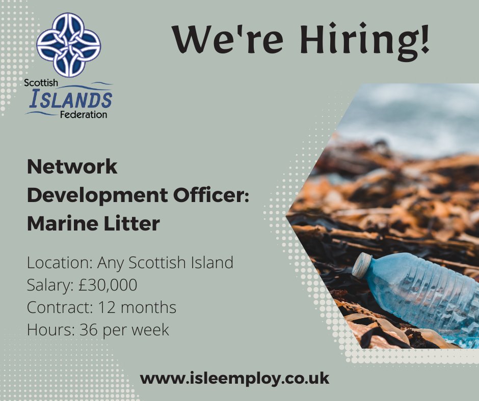 ScotIslandsFed's tweet photo. We're hiring! 📢

Our Marine Litter Working Group has hit the ground running developing partnerships to help #scottishisland community groups tackle the huge issue of #marinelitter. Looking for someone to lead this work in a paid capacity:
https://t.co/JB40HP8BxV https://t.co/rd7KArEEAc