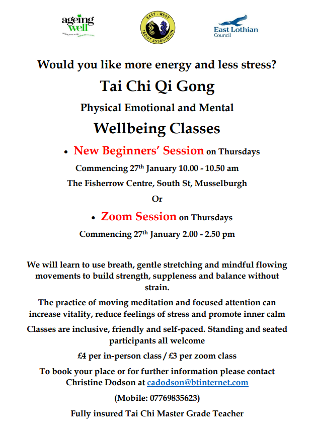 AgeingWellELC's tweet photo. We still have some spaces on either our face-to-face/zoom Tai Chi class starting tomorrow! Please share and get in touch if you are interested! https://t.co/Jgk3QcdoEL